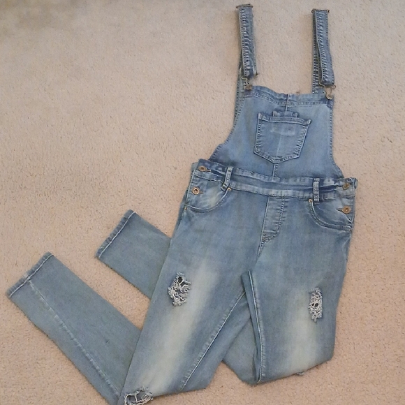 Toxik3 Denim - Juniors Blue Denim Distressed Overalls